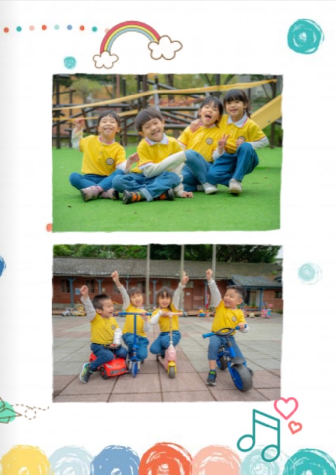幼兒園畢業紀念冊直式頁面示意：兩張橫式照片上下排列，留白較明顯